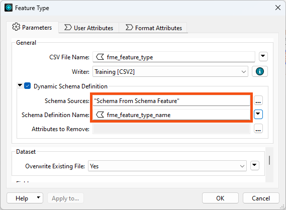 Example dynamic writer feature type using Schema from Schema Feature